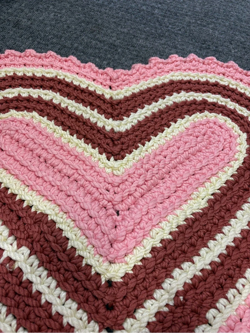 Hand Crafted Heart Crochet Door Mat in Pink, Brown, Cream